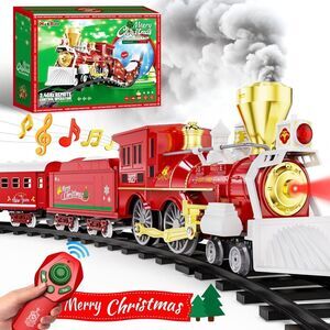 Hot Bee Christmas Train Set w/Remote Control Train Toys w/Smoke, Lights & Sound